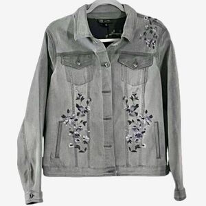 Diane Gilman Gray Floral Embroidered Jean Jacket